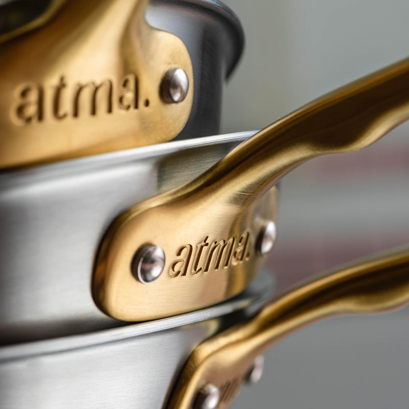 Pack Brigade - set de 3 poêles en inox avec manches dorés - Édition limitée - Atma Kitchenware