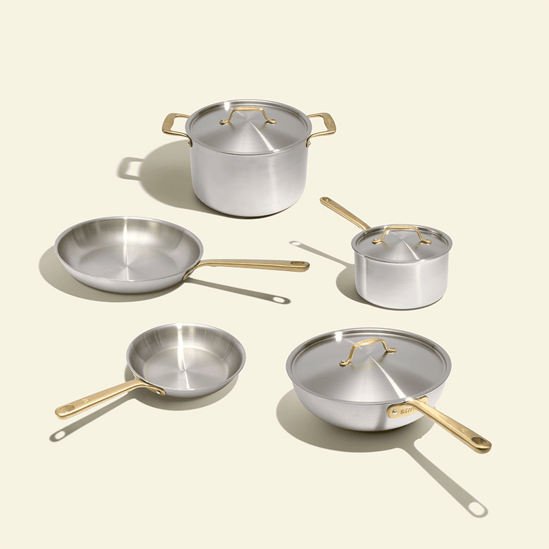 Batterie de cuisine en inox avec manches dorés, 9 pièces - Atma Kitchenware