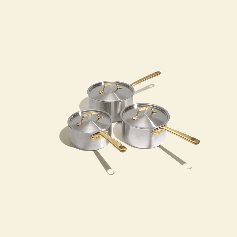 Le trio de casseroles parfaites en inox avec manches dorés - Atma Kitchenware